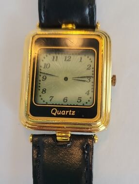 Rare LCD Display Gold-Tone Quartz Square Watch with Black Strap